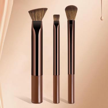 Imagem de Conjunto de pincéis cosméticos corretivos, 3 peças de pincéis corretivos sintéticos angulados para mistura, polimento com líquido, creme e pó cosméticos, café