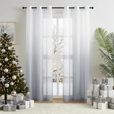 Imagem de Cortinas transparentes ombré cinza de 213 cm de comprimento para decoração de sala de estar e quarto, chiffon enrugado gradiente semi voile cortinas de janela superior para quarto de meninas, jardim