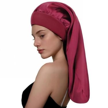Imagem de Touca de dormir longa para cabelos cacheados lisos, capôs de cabelo extragrande para dreadlo e tranças, touca de dormir de cetim para mulheres - acessórios de banheiro - proteção UV (vermelho)