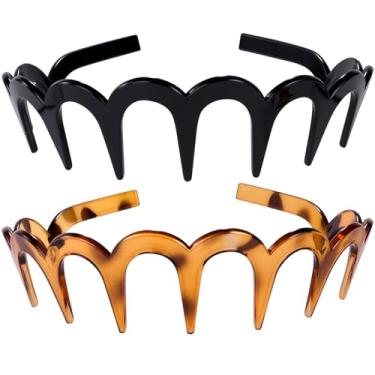 Imagem de Hzopcw 2 faixas de cabelo em ziguezague com dentes, faixas de cabelo de plástico ondulado para mulheres, acessórios antiderrapantes para cabelos cacheados lisos longos e curtos - cor leopardo e preto