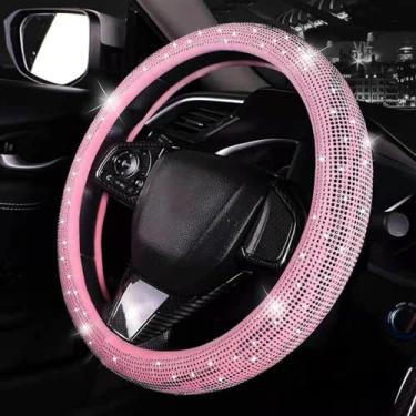 Imagem de Capa de volante feminina com diamantes brilhantes, capas de volante fofas de couro com strass de cristal, respirável, antiderrapante, ajuste universal, acessórios de carro de 38 cm, B