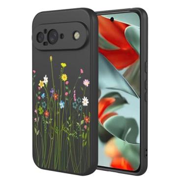 Imagem de OEURVQO Capa artística para Google 9, capa de silicone líquido de toque macio com forro fofo, compatível com carregamento sem fio, capa protetora para Google Pixel 9, flor silvestre preta