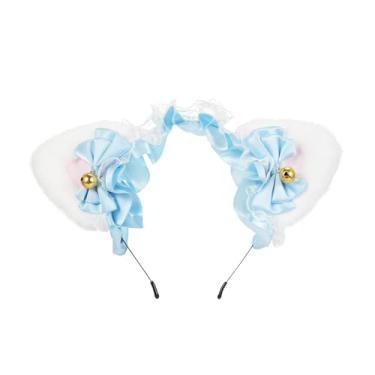 Imagem de Dioche Ornamento de Cabelo Fofo, Tiara Delicada Com Orelhas de Gato Com Laço e Sino, Tecido de Pelúcia, Tamanho único, Fácil de Manter, Ideal para Cosplay, Festas e (Branco e rosa e azul)