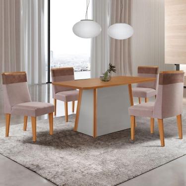 Imagem de Mesa De Jantar Diane 120cm Tampo Mdf Lam 4 Cadeiras Andes Moderna Linho Capuccino Tork Off White