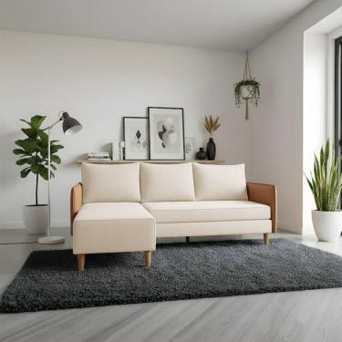 Imagem de Sofá Living Roma Com Chaise 3 Lugares 1,90m Linho Bege Com Braço Corino Caramelo