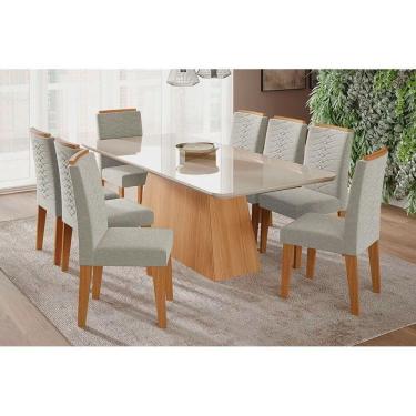 Imagem de Sala De Jantar Completa Helena C- Tampo Madeirado C- Vidro 210x100 Cm E 8 Cadeiras Clarice Nature-madeirado-linho Bege - Cimol