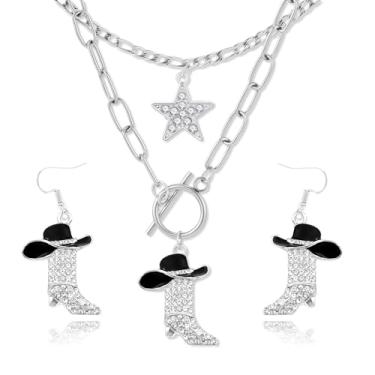 Imagem de Thalireth 3 peças de colar de vaqueira conjunto de joias ocidentais empilhado strass esmalte chapéu botas estrelas colares de aço inoxidável cowboy brincos ocidentais joias country para mulheres