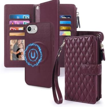 Imagem de Capa carteira magnética 2 em 1 para iPhone 16E compatível com suporte para cartão com bloqueio de RFID Magsafe, capa de telefone removível com zíper e alça de pulso para homens e mulheres 16E 2025