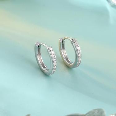 Imagem de Pequenos brincos de argola prateados de zircônia cúbica, brincos de cartilagem banhados a ouro branco, brincos de argola minúsculos para mulheres e homens