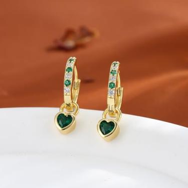 Imagem de Brincos de argola de coração banhados a ouro 14K para mulheres com zircônia cúbica, leves, pequenos e delicados brincos pendentes, standard, Cobre, Sem pedra preciosa