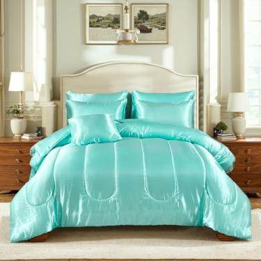 Imagem de Conjunto de cama verde aqua com cama em uma bolsa, tamanho king size, 8 peças, edredom macio de cetim de hotel de luxo e conjunto de lençol