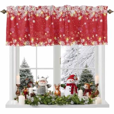 Imagem de Cortinas de Natal de floco de neve vermelhas para janelas, cortinas de Natal com filtro de luz de floco de neve para sala de estar/quarto/banheiro, decoração moderna de inverno, cortinas de cozinha