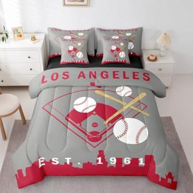 Imagem de Erosebridal Jogo de lençol de beisebol com edredom de 7 peças para meninos, softball, esportivo, solteiro, com temática de beisebol, construção da cidade, vermelho, cinza, para crianças, adolescentes