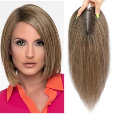 Imagem de lagomance Toppers de cabelo para mulheres, grampo de cabelo humano real em base mono de 30,5 cm, 42 g, apliques de cabelo tamanho grande para queda de cabelo (ombré, marrom claro com raízes escuras