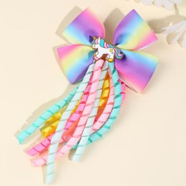 Imagem de 2 peças de laços de cabelo para meninas, acessórios de cabelo de gorgorão de unicórnio arco-íris com clipes de jacaré cauda longa para meninas de volta às aulas