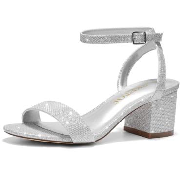 Imagem de SKETOE Sandálias femininas de salto grosso, bico aberto, tira no tornozelo, para pés largos, elegantes para casamento, festa, 6 cm, Prata, 5.5 Wide