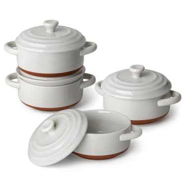 Imagem de MALACASA Conjunto de mini cocotte - ramequins de 350 ml com tampas e alças, caçarola pequena para forno, conjunto de 4 assadeiras pequenas de cerâmica, seguro para micro-ondas e lava-louças, cinza