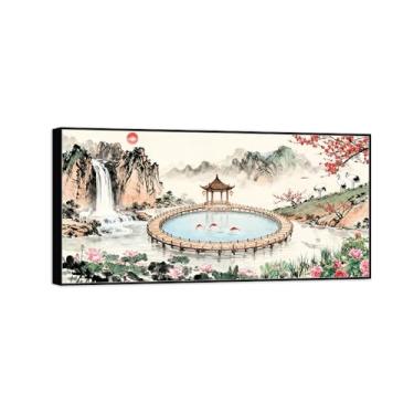 Imagem de BMZFYBS Imagem em tela de paisagem de arte de parede chinoiserie - flores da ponte do lago da montanha - pintura chinesa - impressões de moldura preta para decoração de casa 20 x 40 cm 8 x 16 pol