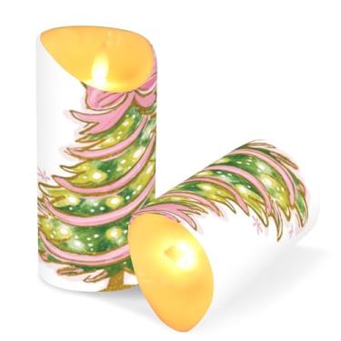 Imagem de Blueangle Pacote com 2 velas de árvore de Natal rosa sem chama com controle remoto e temporizador, velas LED cintilantes (7,6 cm x 9,9 cm) para decoração de casa, casamento, acampamento (839)