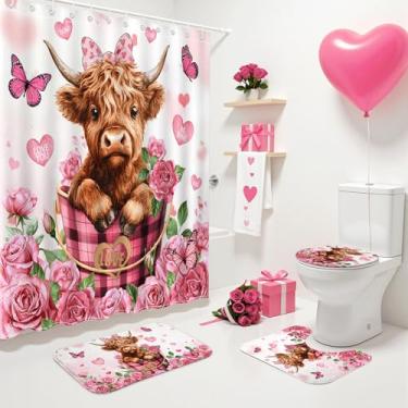 Imagem de Conjunto de cortina de chuveiro para dia dos namorados vermelho floral Sweet Love Hearts cortina de chuveiro com tapetes de banho antiderrapantes, capa de tampa de vaso sanitário linda vaca highland