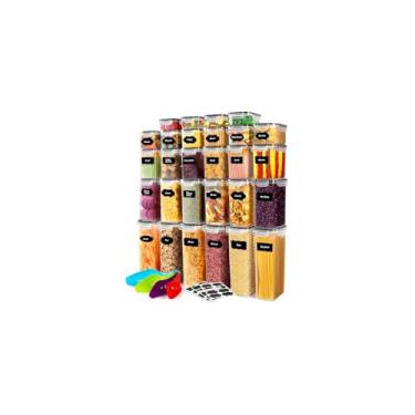 Imagem de Conjunto 5 Potes Herméticos com Tampa e Cesto, Plástico, Transparente com Cesto Bege e Verde, BPA Free, Empilháveis, para Organização de Cozinha