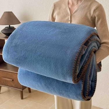Imagem de Cobertor de lã com peso e mantas fofas femininas masculinas para cama longo casal solteiro para sofá xaile macio confortável respirável para primavera outono lavável na máquina (azul, 100 x 150 cm)