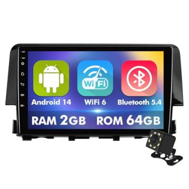 Imagem de Tela sensível ao toque IPS de 9 polegadas Android 14 estéreo para carro para Honda Civic 2016-2020 com CarPlay sem fio e Android Auto 2 + rádio de carro de 64 GB, suporte GPS, WiFi 6, Bluetooth, 5.4