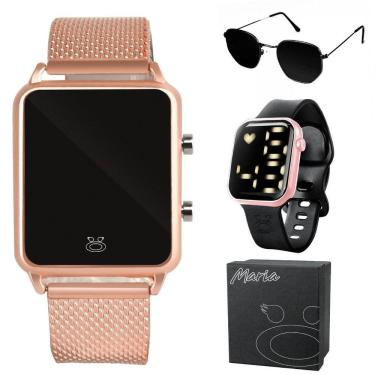 Imagem de 2 Relogio Feminino Digital Led Quadrado + Oculos Sol + Caixa Original Rosa Rose Moda Casual Preto