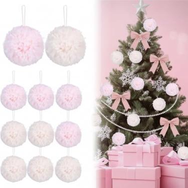 Imagem de Amyhill 12 peças de enfeite de pompom de Natal sherpa 10 cm bege e feminino rosa felpudo bolas de árvore de Natal macias minimalistas neutras decorações de Natal