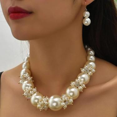 Imagem de Conjunto de colar e brinco de pérolas, conjunto de joias de casamento para mulheres, gargantilha de pérolas grossas, brincos, noiva, dama de honra, presentes de amizade, presentes para mulheres