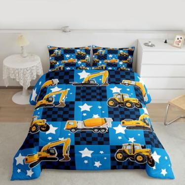 Imagem de jejeloiu Jogo de cama solteiro com estampa de escavadeira, xadrez azul, para crianças, meninos, meninas, veículo de construção, edredom para decoração de quarto, 2 peças com 1 fronha