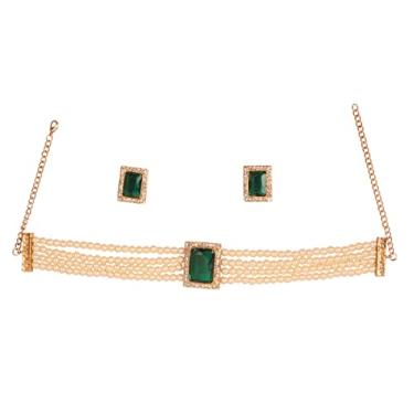 Imagem de Sunsoul Conjunto de gargantilhas femininas elegantes de pérolas de esmeralda facetadas retangulares com strass Bollywood indiano da Touchstone, Sem Pedra Preciosa
