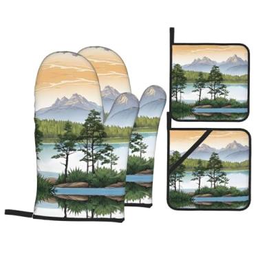 Imagem de Mountain Lake View Sunny Day Nature - Conjunto de luvas de cozinha com suportes de tampa, luvas de forno resistentes ao calor para lidar com panelas quentes, grelhar, churrascos, kit de 4 peças.
