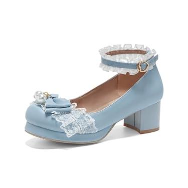Imagem de Seborluys Sapato feminino Sweet Lolita para cosplay, salto médio, plataforma kawaii, vestido Mary Jane, tira no tornozelo com laço de renda, Azul, 41