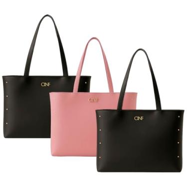 Imagem de Bolsa Feminina Sacola Grande Kit Com 3 Peças Universitária De Ombro (Preta-Rose-Preta)