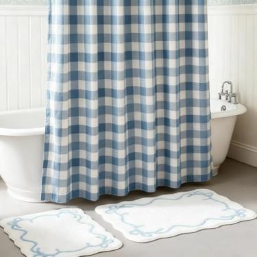 Imagem de Lounsweer Conjunto de 3 peças de cortina de chuveiro de banheiro azul com tapetes antiderrapantes à prova d'água neutra quadriculada cortina de chuveiro para banheiro fazenda hotel decoração de