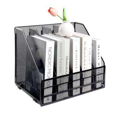 Imagem de HMXLJJY Suporte de arquivo de revista A4 de metal, 5 seções, suporte de documentos de escritório para mesa, organizador de papel, 5 compartimentos, (preto)