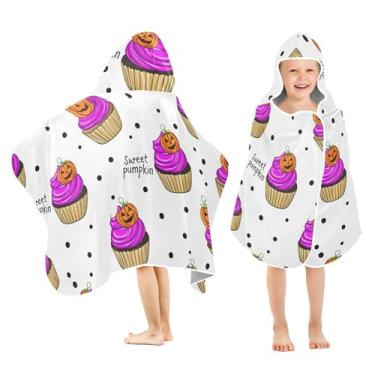 Imagem de Burbuja Linda toalha de banho com capuz cupcakes de Halloween para crianças, toalha de praia de pelúcia macia absorvente para meninas e meninos 3-10 anos, 61 x 127 cm