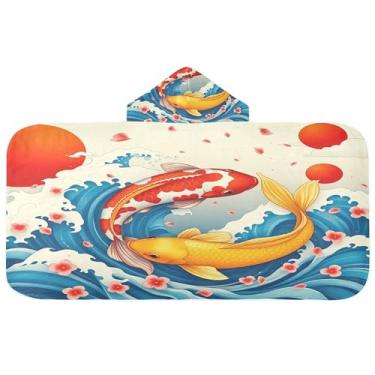 Imagem de Burbuja Toalha de banho com capuz de peixe vermelho japonês para crianças, toalha de praia de pelúcia macia absorvente para meninas e meninos 3-10 anos, 61 x 127 cm