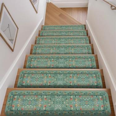 Imagem de OJIA Escadas florais antiderrapantes para degraus de madeira internos 15 peças 76,2 x 20,3 cm, tapetes de escada para crianças, idosos e cães, capas de escadas, verde
