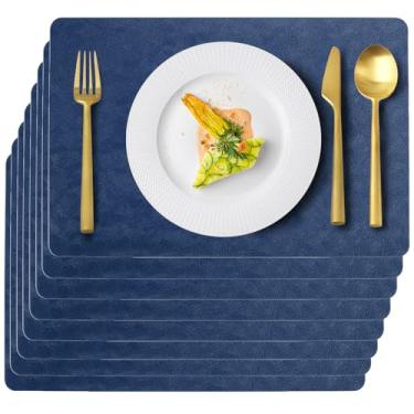 Imagem de Conjunto de jogo americano, preto resistente ao calor, de couro sintético antiderrapante, adequado para uso interno e externo na cozinha, tapetes de mesa de plástico laváveis e limpáveis (6, azul)
