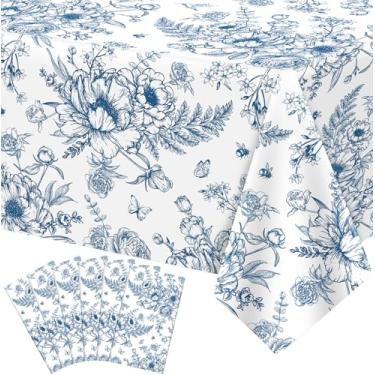 Imagem de 6 peças de toalha de mesa de plástico floral azul vintage flor azul e branco toalha de mesa floral flores silvestres vintage retangular capa de mesa decorações de festa de primavera decoração de festa