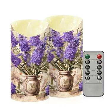 Imagem de Wassud Pacote com 2 velas sem chama de ramo de flores de lavanda com controle remoto, velas realistas cintilantes com temporizador, velas decorativas para Natal, casamento, festa, decoração de casa