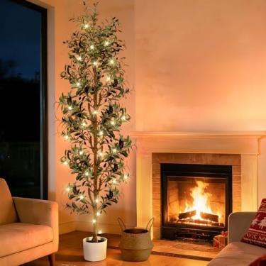 Imagem de TNELTUEB Oliveira artificial, oliveira sintética grande com vaso branco, cesta e luzes, oliveira alta falsa, árvore de seda com galhos e frutas para decoração de casa, escritório