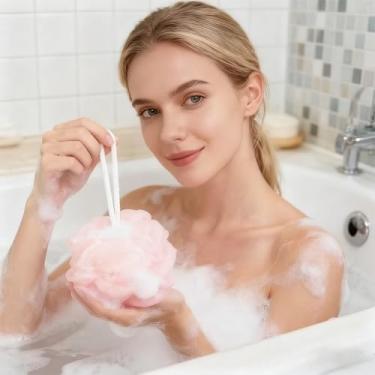 Imagem de 1 esponja de banho de bucha de chuveiro, 50 g, esponjas de banho, bolas de malha para esfoliante corporal, esfoliante, lavagem, esfregão, banheiro, masculino, feminino, bege