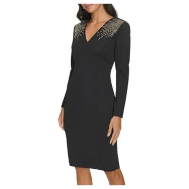 Imagem de Calvin Klein Vestido feminino de manga comprida com decote em V adornado no ombro, Preto, 44