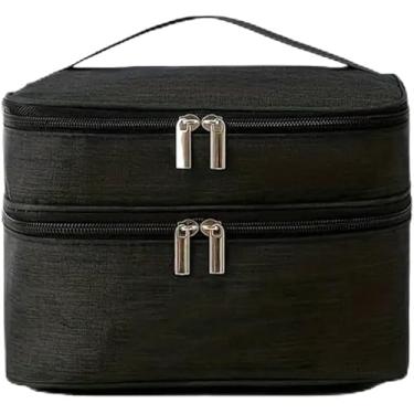 Imagem de Necessaire de Maquiagem Dois Andares Feminina – Bolsa Organizadora Viagem com Zíper Reforçado, Alça de Mão, Design Moderno e Espaço Duplo – Ideal para Cosméticos e Acessórios (Preto)