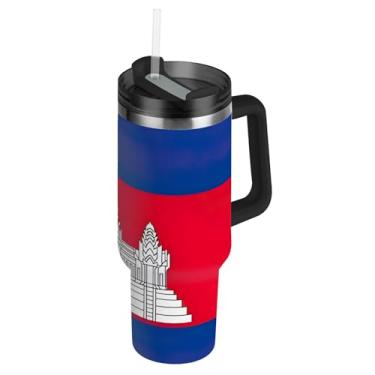 Imagem de Copo com alça copos de aço inoxidável de 850 g com tampas e canudos, garrafas de água térmica, caneca de café quente isolada para carro, bandeira do Camboja