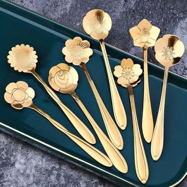 Imagem de Conjunto de colheres de flores de 8 peças, colher de café pequena, colheres de sobremesa de sorvete, adereços de cozinha de aço inoxidável dourado, utensílios de festa elegantes para uso doméstico e