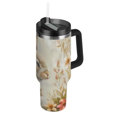 Imagem de Copos com tampas e palha, cesta de coelho fofo, floral, copo de 850 g com alça, garrafas de água com isolamento térmico, carros de aço inoxidável, xícara de café, bebida quente